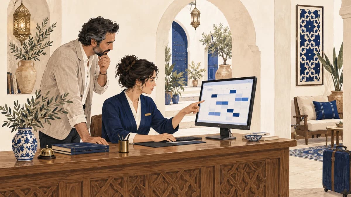 Illustration of a hotel owner and receptionist reviewing a reservation calendar at a riad front desk